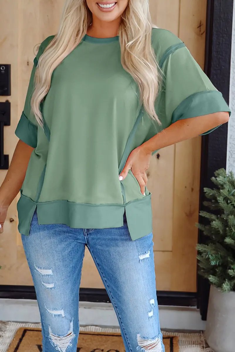 Smoke Green Half Sleeve Raw Seam High Low Side Split Top - Love Salve